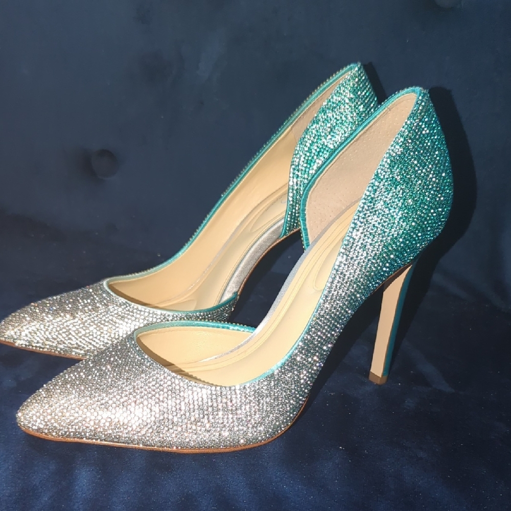 Jessica Simpson Silver and Green Glitter Heels